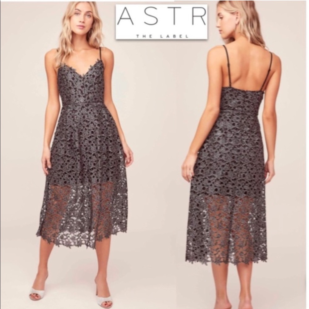 ASTR Black Metallic Lace Floral Midi Dress